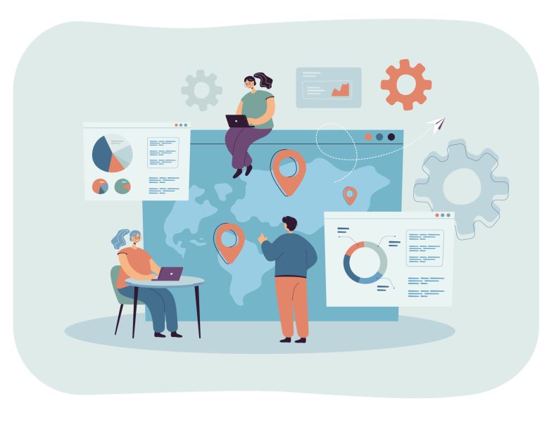 Tiny people with laptops doing global business research flat vector illustration. Cartoon characters watching giant world map on screen. Development and international extension strategy concept